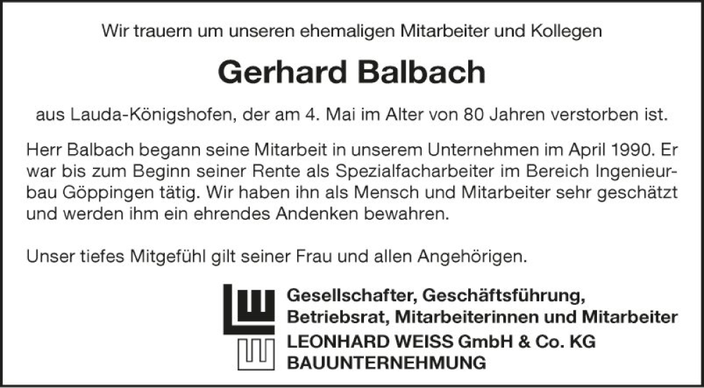  Traueranzeige für Gerhard Balbach vom 19.05.2022 aus Fränkische Nachrichten