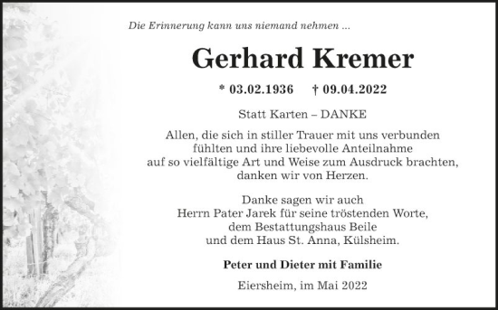 Traueranzeige von Gerhard Kremer von Fränkische Nachrichten