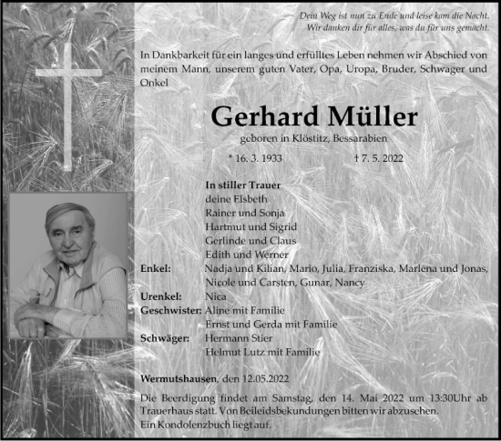 Traueranzeige von Gerhard Müller von Fränkische Nachrichten