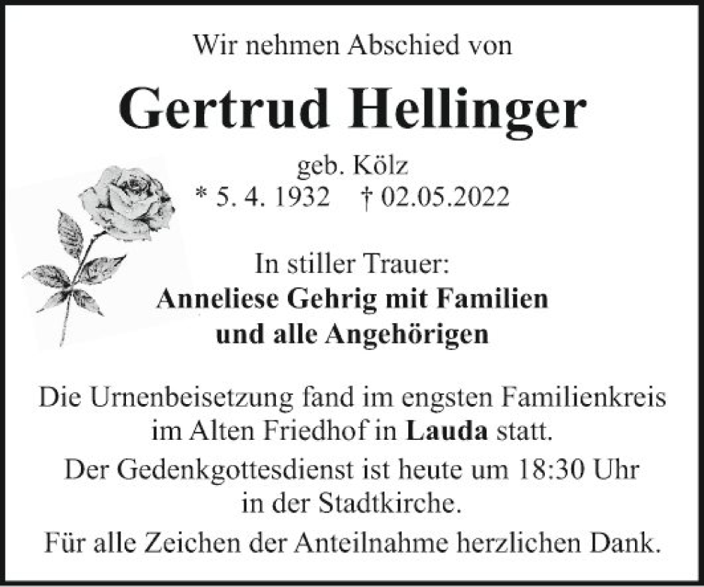  Traueranzeige für Gertrud Hellinger vom 12.05.2022 aus Fränkische Nachrichten