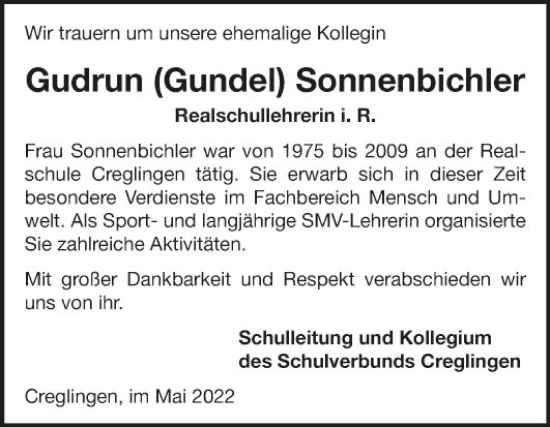 Traueranzeige von Gudrun Sonnenbichler von Fränkische Nachrichten