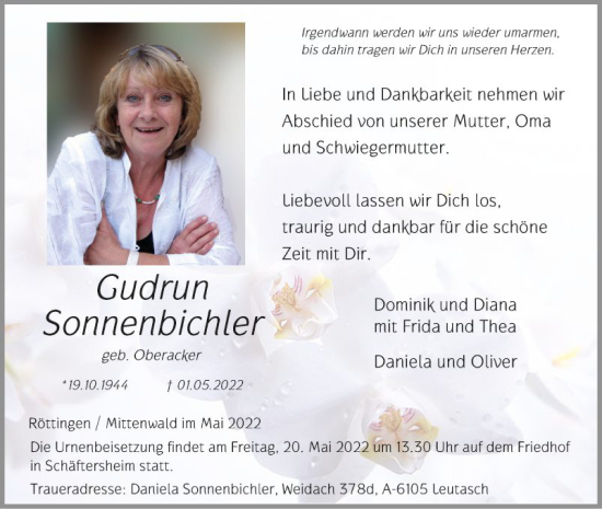 Traueranzeige von Gudrun Sonnenbichler von Fränkische Nachrichten