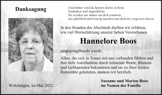 Traueranzeige von Hannelore Boos von Fränkische Nachrichten