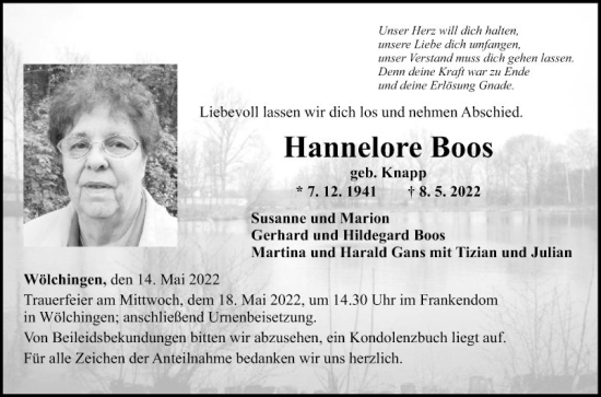 Traueranzeige von Hannelore Boos von Fränkische Nachrichten