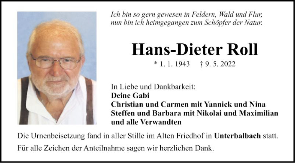  Traueranzeige für Hans-Dieter Roll vom 25.05.2022 aus Fränkische Nachrichten