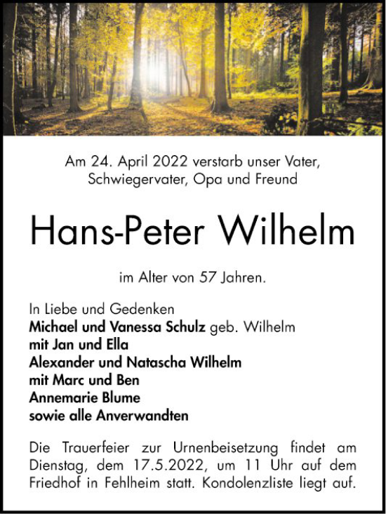 Traueranzeige von Hans-Peter Wilhelm von Bergsträßer Anzeiger