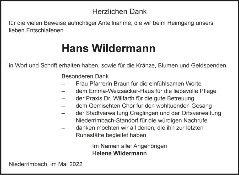  Traueranzeige für Hans Wildermann vom 11.05.2022 aus Fränkische Nachrichten