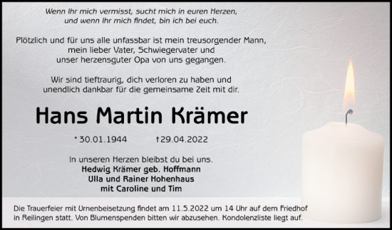 Traueranzeige von Hans Martin Krämer von Schwetzinger Zeitung