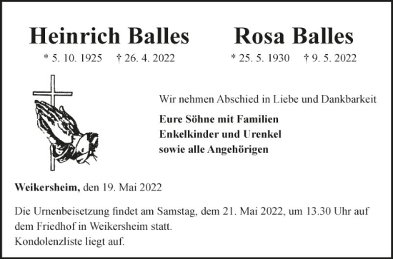 Traueranzeige von Heinrich Balles von Fränkische Nachrichten