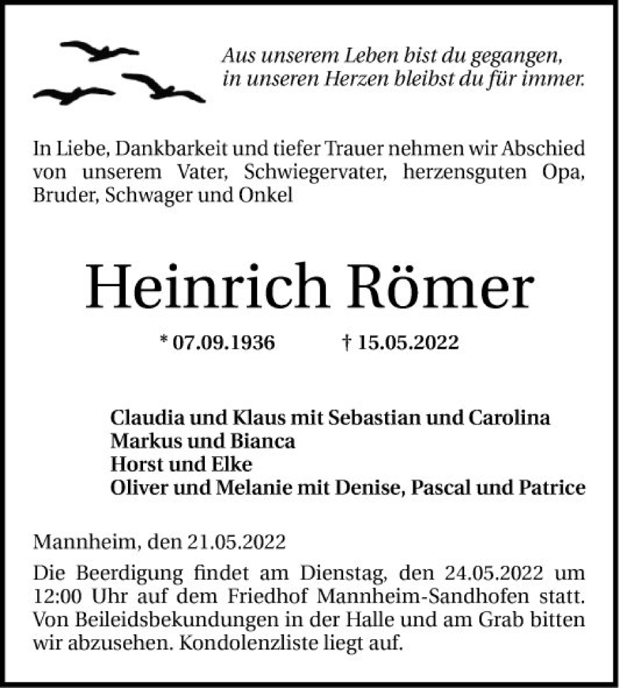  Traueranzeige für Heinrich Römer vom 21.05.2022 aus Mannheimer Morgen