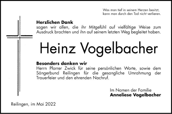 Traueranzeige von Heinz Vogelbacher von Schwetzinger Zeitung