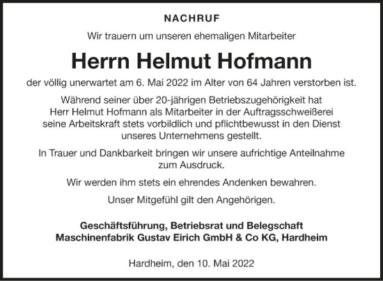 Traueranzeige von Helmut Hofmann von Fränkische Nachrichten