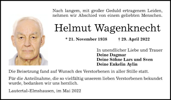 Traueranzeige von Helmut Wagenknecht von Bergsträßer Anzeiger