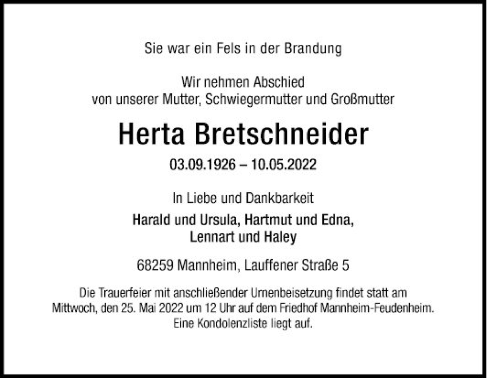  Traueranzeige für Herta Bretschneider vom 14.05.2022 aus Mannheimer Morgen