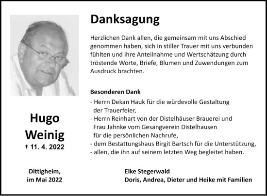 Traueranzeige von Hugo Weinig von Fränkische Nachrichten