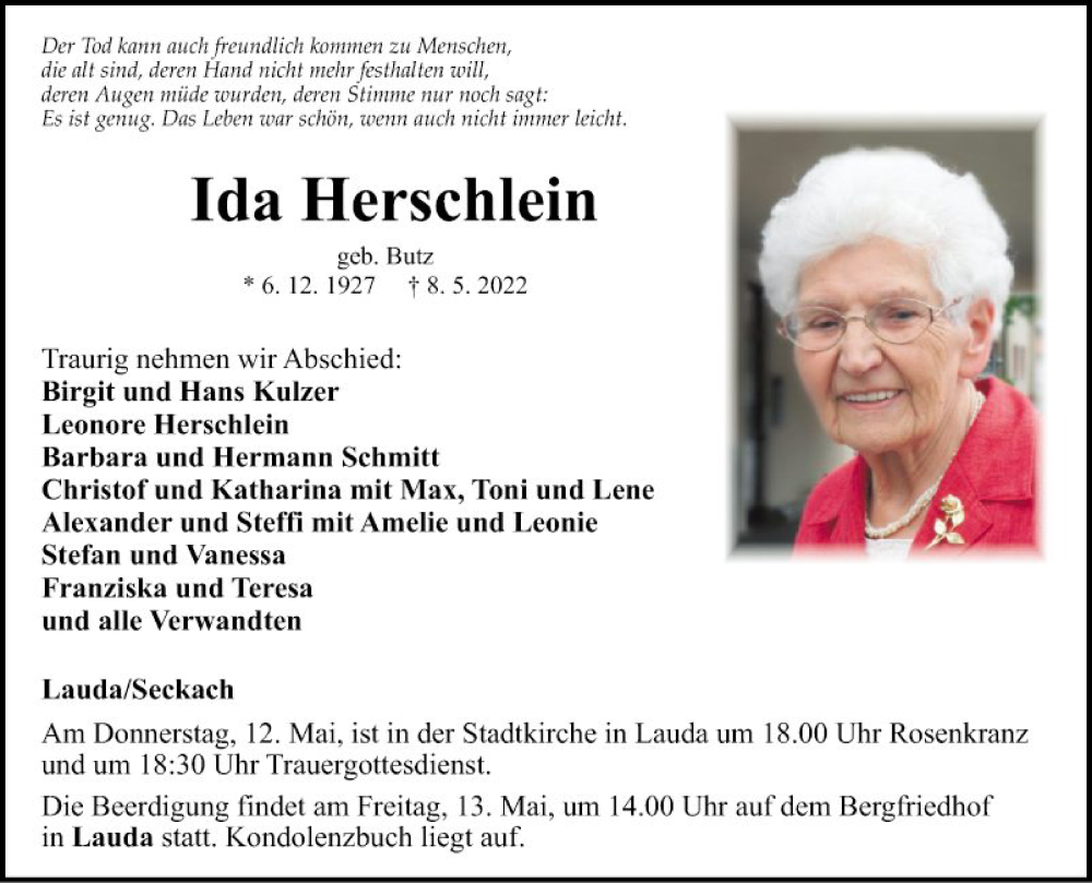  Traueranzeige für Ida Herschlein vom 11.05.2022 aus Fränkische Nachrichten