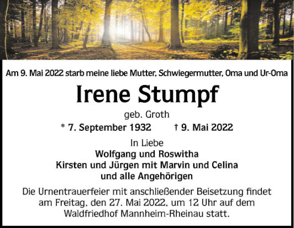  Traueranzeige für Irene Stumpf vom 14.05.2022 aus Mannheimer Morgen