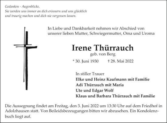 Traueranzeige von Irene Thürrauch von Fränkische Nachrichten