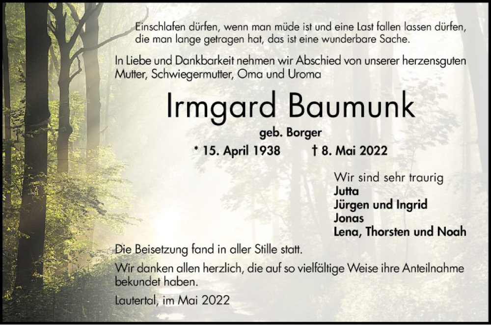  Traueranzeige für Irmgard Baumunk vom 14.05.2022 aus Bergsträßer Anzeiger