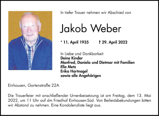 Traueranzeige von Jakob Weber von Bergsträßer Anzeiger