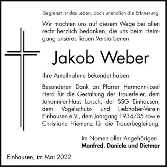 Traueranzeige von Jakob Weber von Bergsträßer Anzeiger