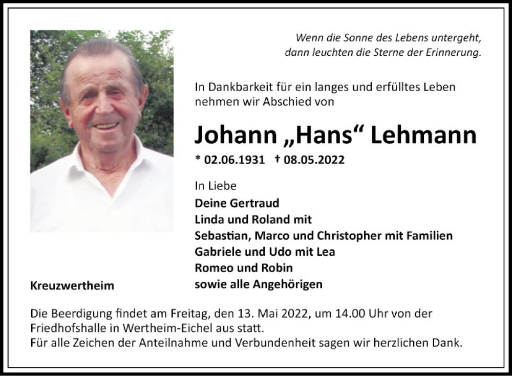  Traueranzeige für Johann Lehmann vom 11.05.2022 aus Fränkische Nachrichten