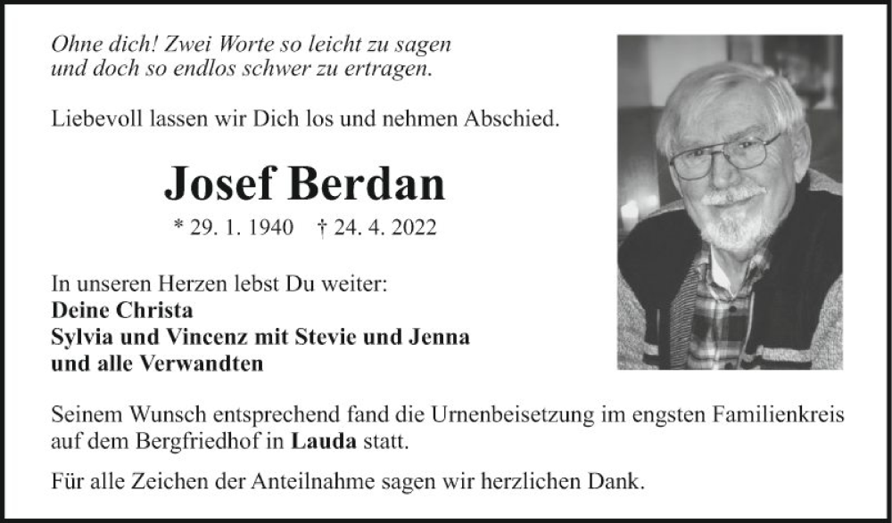  Traueranzeige für Josef Berdan vom 10.05.2022 aus Fränkische Nachrichten