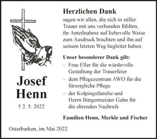 Traueranzeige von Josef Henn von Fränkische Nachrichten