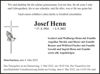 Traueranzeige von Josef Henn von Fränkische Nachrichten