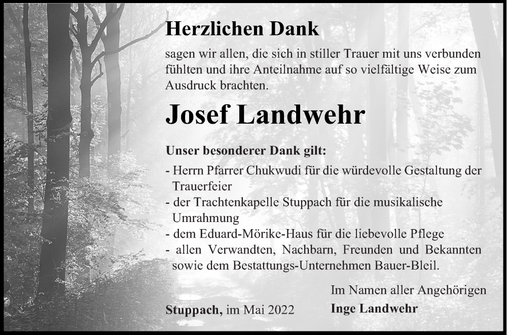 Traueranzeige für Josef Landwehr vom 20.05.2022 aus 