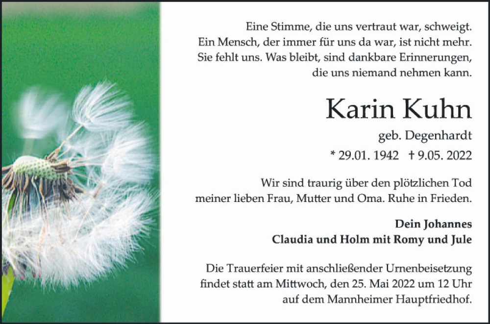  Traueranzeige fÃ¼r Karin Kuhn vom 14.05.2022 aus Mannheimer Morgen