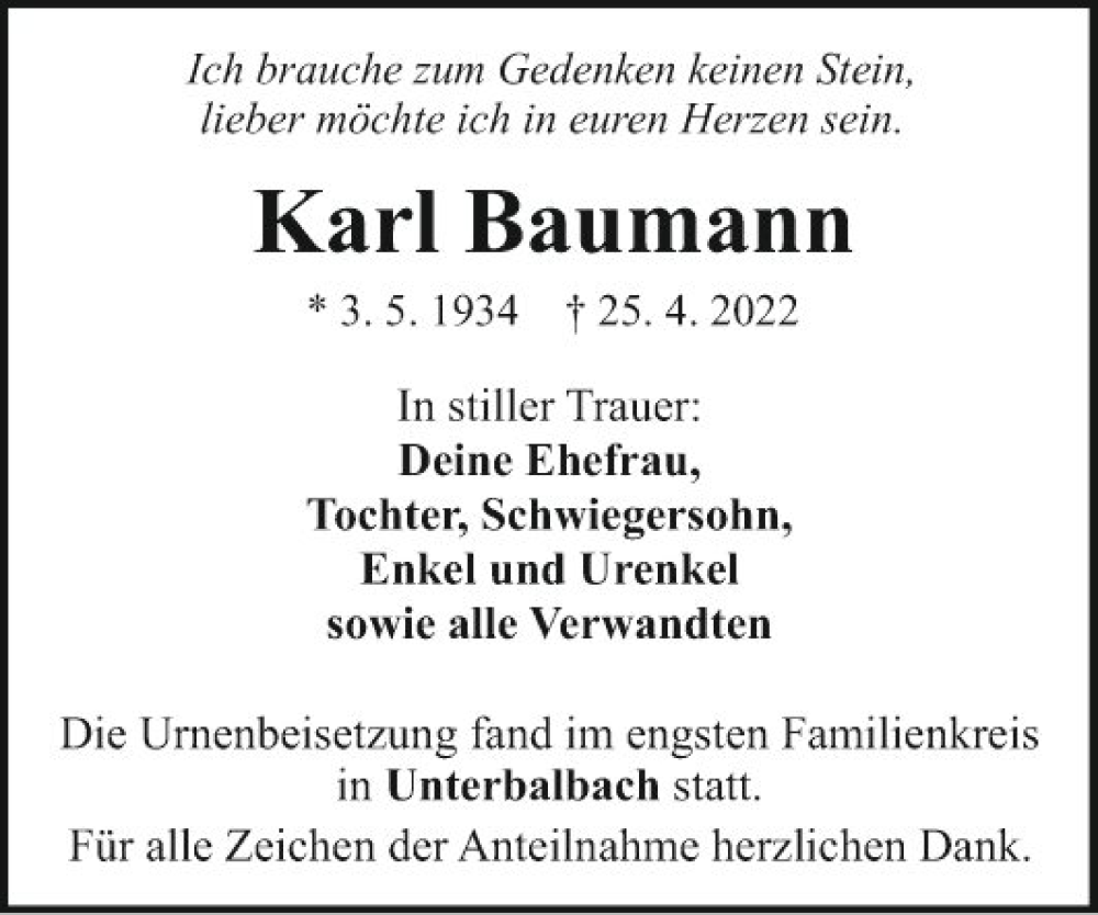  Traueranzeige für Karl Baumann vom 07.05.2022 aus Fränkische Nachrichten