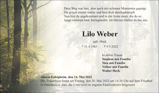 Traueranzeige von Lilo Weber von Fränkische Nachrichten