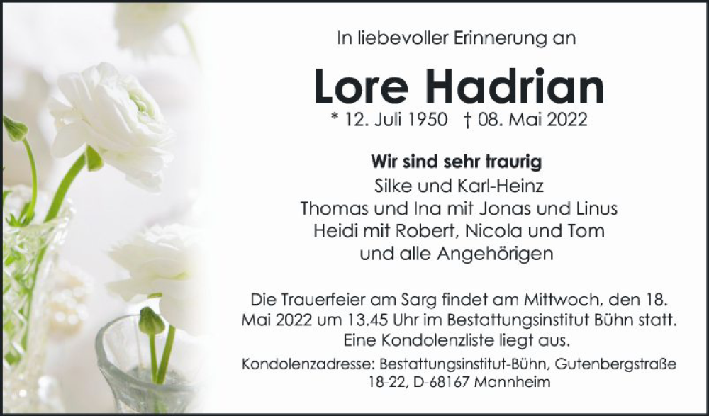  Traueranzeige für Lore Hadrian vom 14.05.2022 aus Mannheimer Morgen