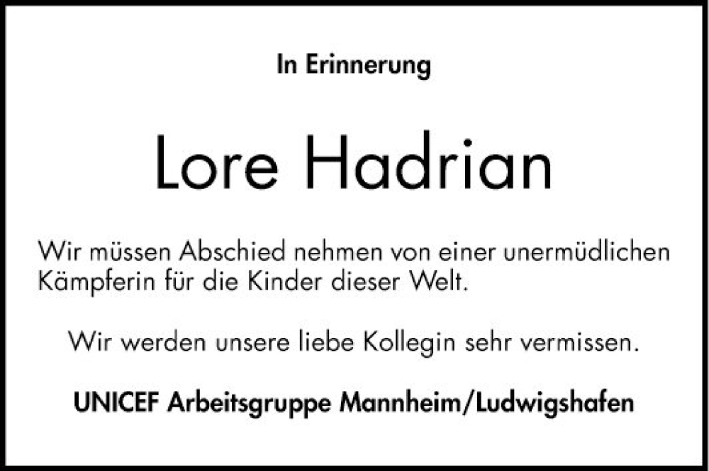  Traueranzeige für Lore Hadrian vom 21.05.2022 aus Mannheimer Morgen