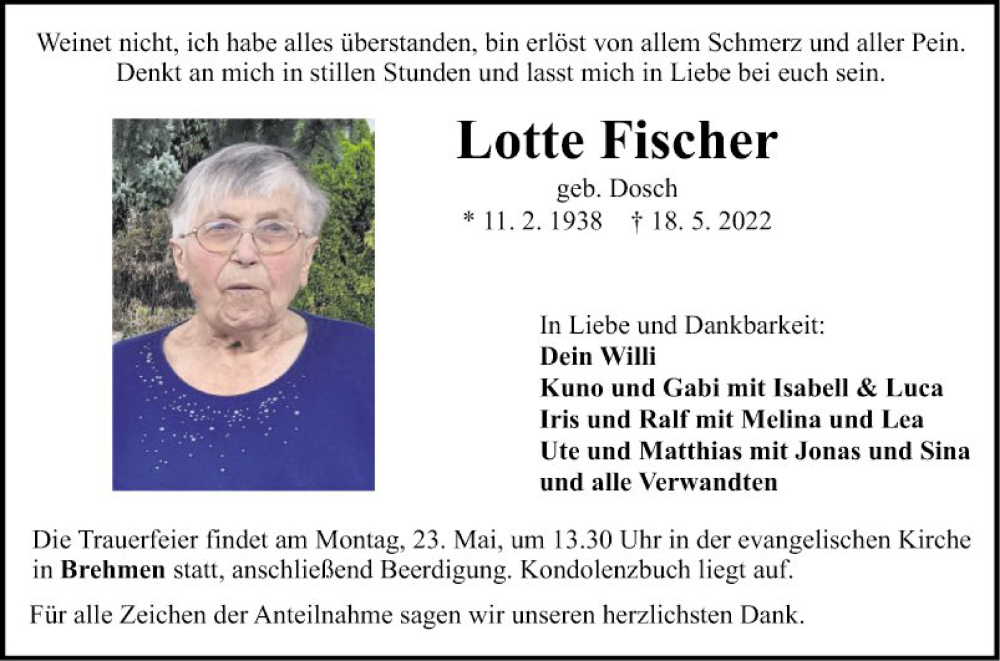  Traueranzeige für Lotte Fischer vom 21.05.2022 aus Fränkische Nachrichten