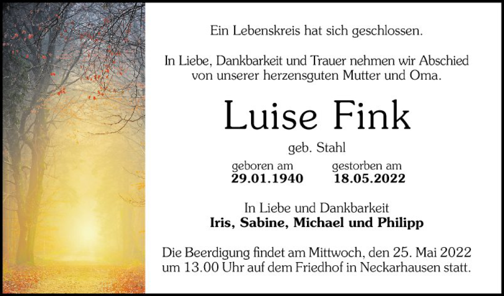  Traueranzeige fÃ¼r Luise Fink vom 21.05.2022 aus Mannheimer Morgen