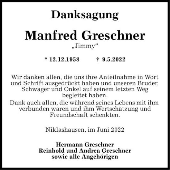 Traueranzeige von Manfred Greschner von Fränkische Nachrichten