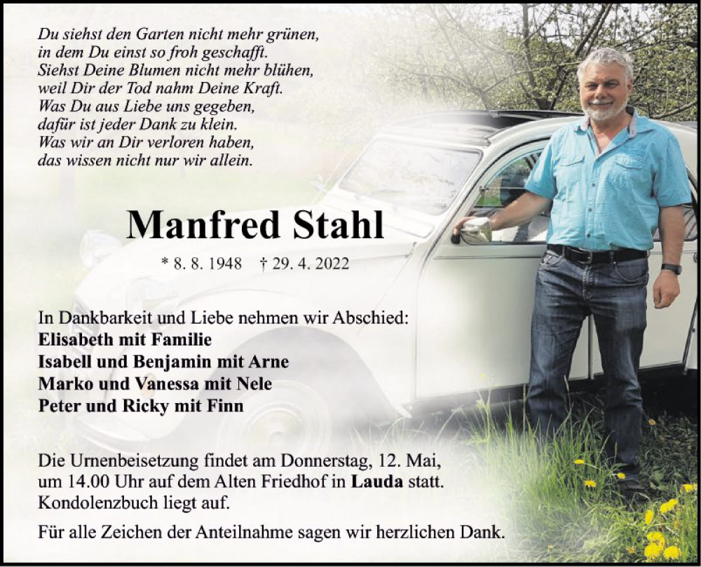  Traueranzeige für Manfred Stahl vom 06.05.2022 aus Fränkische Nachrichten