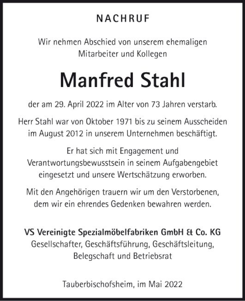  Traueranzeige für Manfred Stahl vom 06.05.2022 aus Fränkische Nachrichten