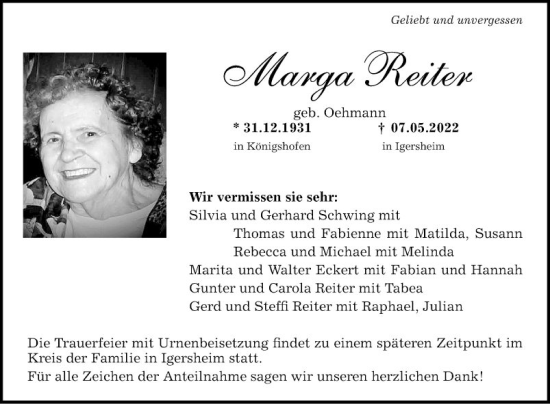 Traueranzeige von Marga Reiter von Fränkische Nachrichten