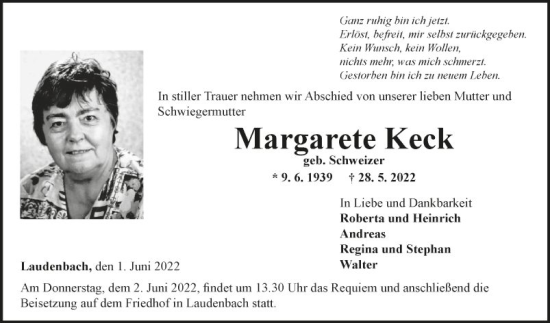 Traueranzeige von Margarete Keck von Fränkische Nachrichten