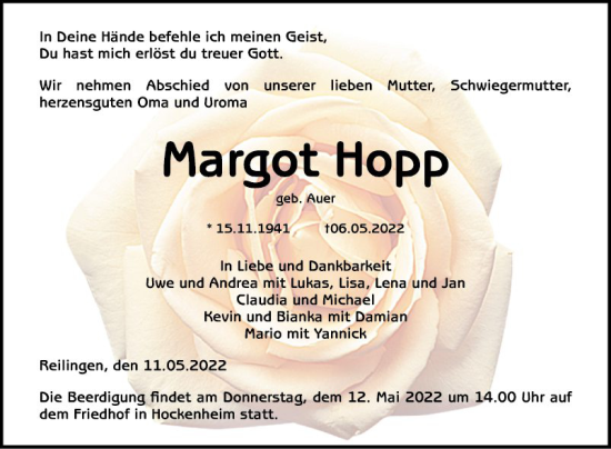 Traueranzeige von Margot Hopp von Schwetzinger Zeitung