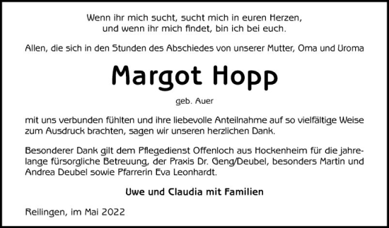 Traueranzeige von Margot Hopp von Schwetzinger Zeitung