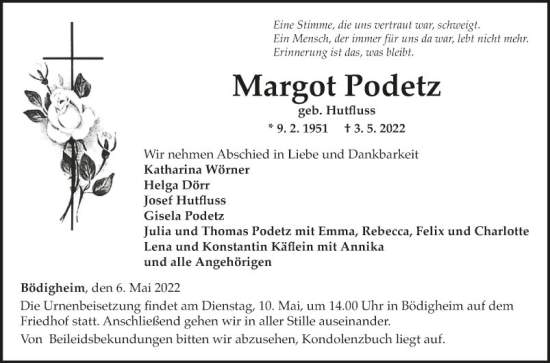 Traueranzeige von Margot Podetz von Fränkische Nachrichten