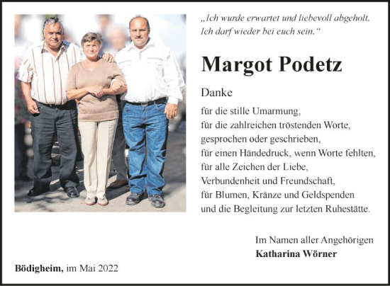 Traueranzeige von Margot Podetz von Fränkische Nachrichten