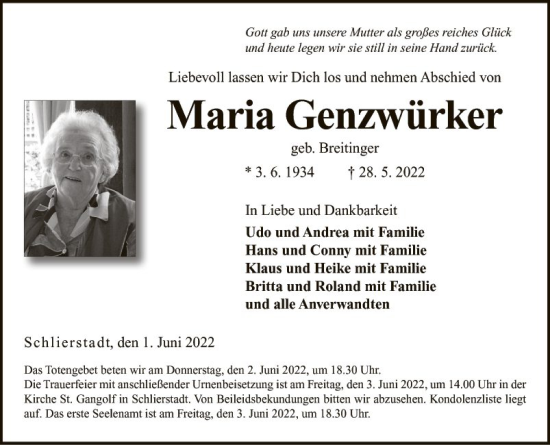 Traueranzeige von Maria Genzwürker von Fränkische Nachrichten