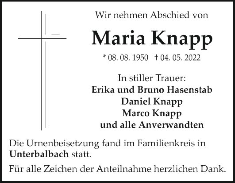  Traueranzeige für Maria Knapp vom 24.05.2022 aus Fränkische Nachrichten