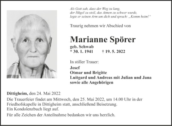 Traueranzeige von Marianne Spörer von Fränkische Nachrichten