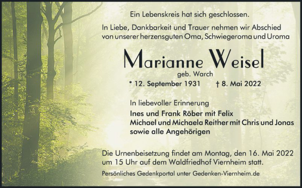  Traueranzeige für Marianne Weisel vom 14.05.2022 aus Mannheimer Morgen